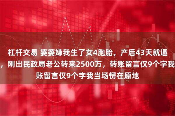 杠杆交易 婆婆嫌我生了女4胞胎，产后43天就逼老公和我离婚，刚出民政局老公转来2500万，转账留言仅9个字我当场愣在原地